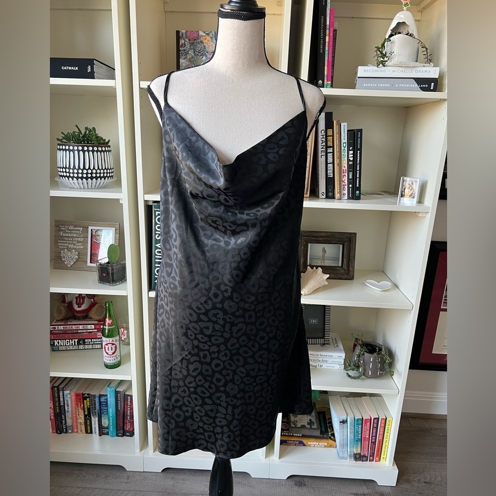 Hey Babe Meredith Leopard Satin Cowl Dress in Black Size Large